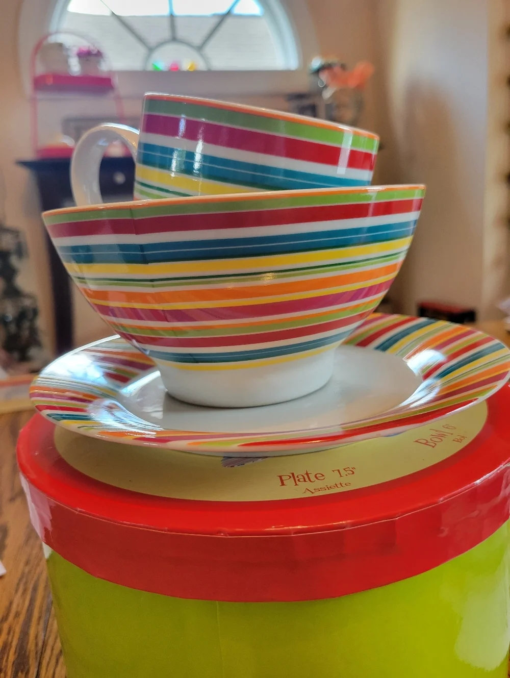 Danica Breakfast Set - Multicolor Striped Dining Set Mug Bowl Plate ~ Colorful!